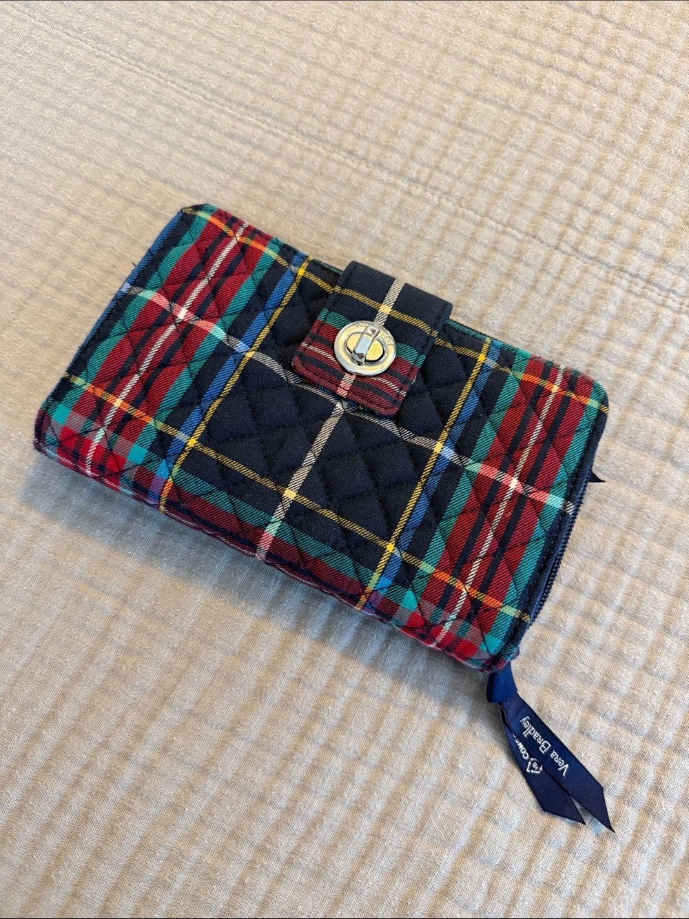 Vera Bradley Quilted Plaid Wallet in Red, Green & Navy with Silver Turn-Lock